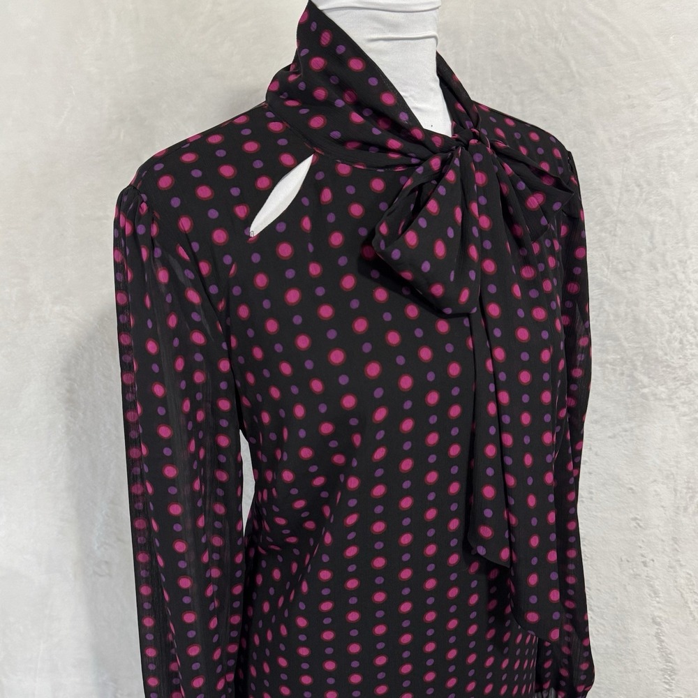 The Limited‎ Long Sleeve Tie Neck Shift Dress Size 10 Black Pink Polka Dot Retro - Picture 4 of 15